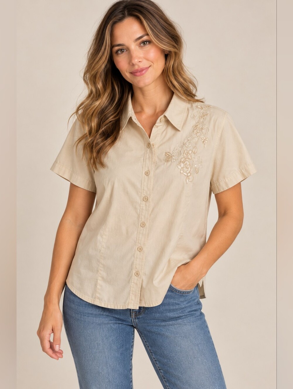 Ginny Cotton Vintage Blouse Cream Small Embroidery